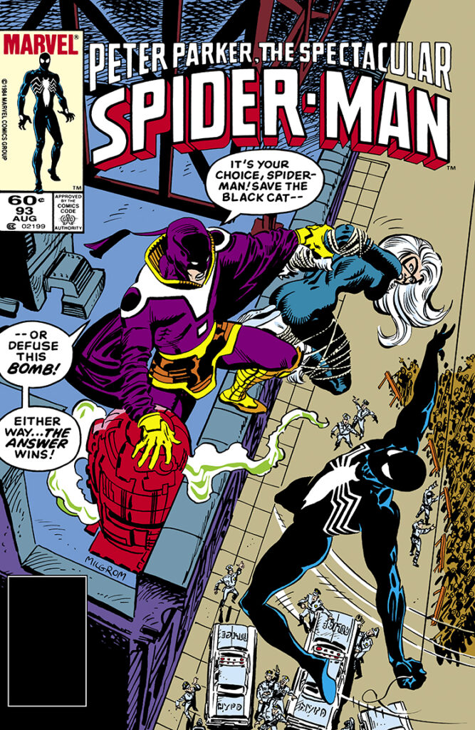 Spectacular Spider-Man #93 cover; pencils and inks, Al Milgrom; black costume, the Answer, save the Black Cat, defuse this bomb, Peter Parker