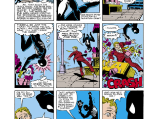 Spectacular Spider-Man #94, pg. 14; layouts, Al Milgrom; pencils and inks, Jim Mooney; black costume, Peter Parker