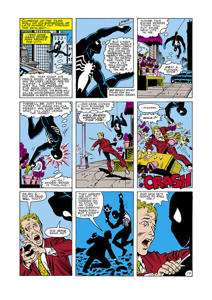 Spectacular Spider-Man #94, pg. 14; layouts, Al Milgrom; pencils and inks, Jim Mooney; black costume, Peter Parker