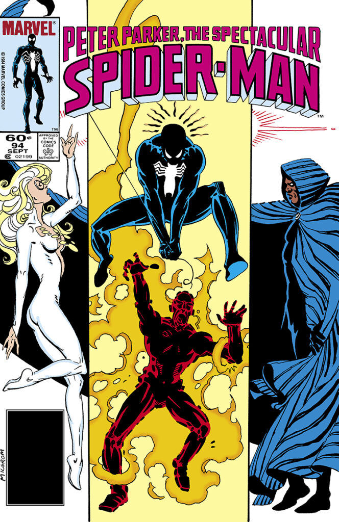 Spectacular Spider-Man #94 cover; pencils and inks, Al Milgrom; black costume, Silvermane, Cloak and Dagger, Peter Parker