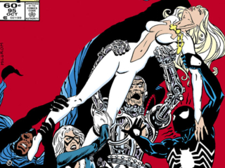 Spectacular Spider-Man #95 cover; pencils and inks, Al Milgrom; Silvermane, Cloak and Dagger, black costume, Black Cat, Peter Parker