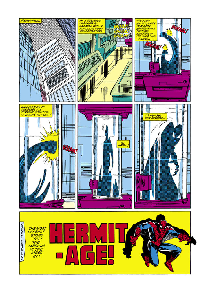 Spectacular Spider-Man #96, pg. 23; pencils, Al Milgrom; inks, Jim Mooney; Next issue, Hermit-Age, alien symbiote, Peter Parker