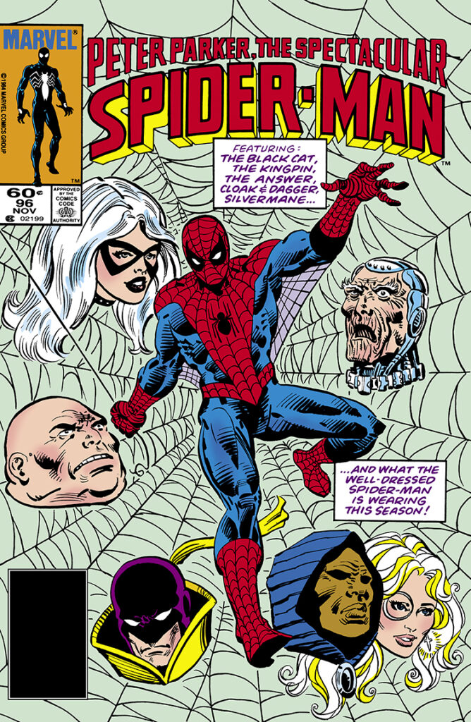 Spectacular Spider-Man #96 cover; pencils and inks, Al Milgrom; Kingpin, Silvermane, Cloak and Dagger, the Answer, Black Cat, Peter Parker