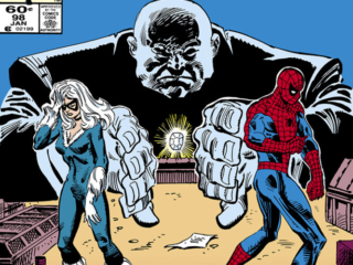 Spectacular Spider-Man #98 cover; pencils and inks, Al Milgrom; Kingpin, Felecia Hardy, Black Cat, Peter Parker