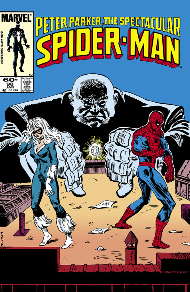 Spectacular Spider-Man #98 cover; pencils and inks, Al Milgrom; Kingpin, Felecia Hardy, Black Cat, Peter Parker