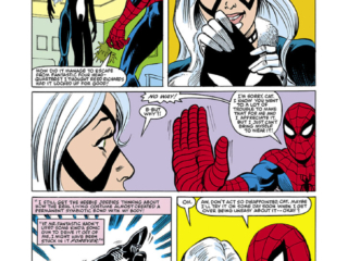 Spectacular Spider-Man #99, pg. 11; pencils, Herb Trimpe; inks, Jim Mooney; Black Cat, black costume, Peter Parker