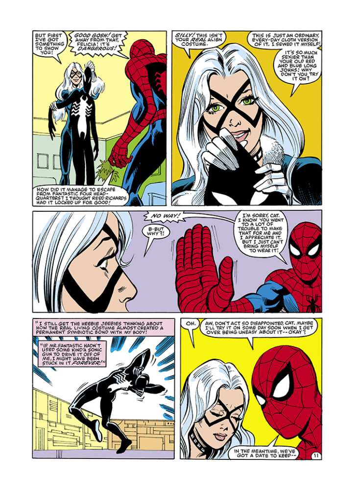 Spectacular Spider-Man #99, pg. 11; pencils, Herb Trimpe; inks, Jim Mooney; Black Cat, black costume, Peter Parker