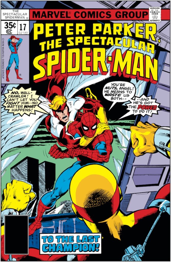 Spectacular Spider-Man #17 cover; pencils, John Byrne; inks, Joe Rubinstein, Angel, Iceman, Champions