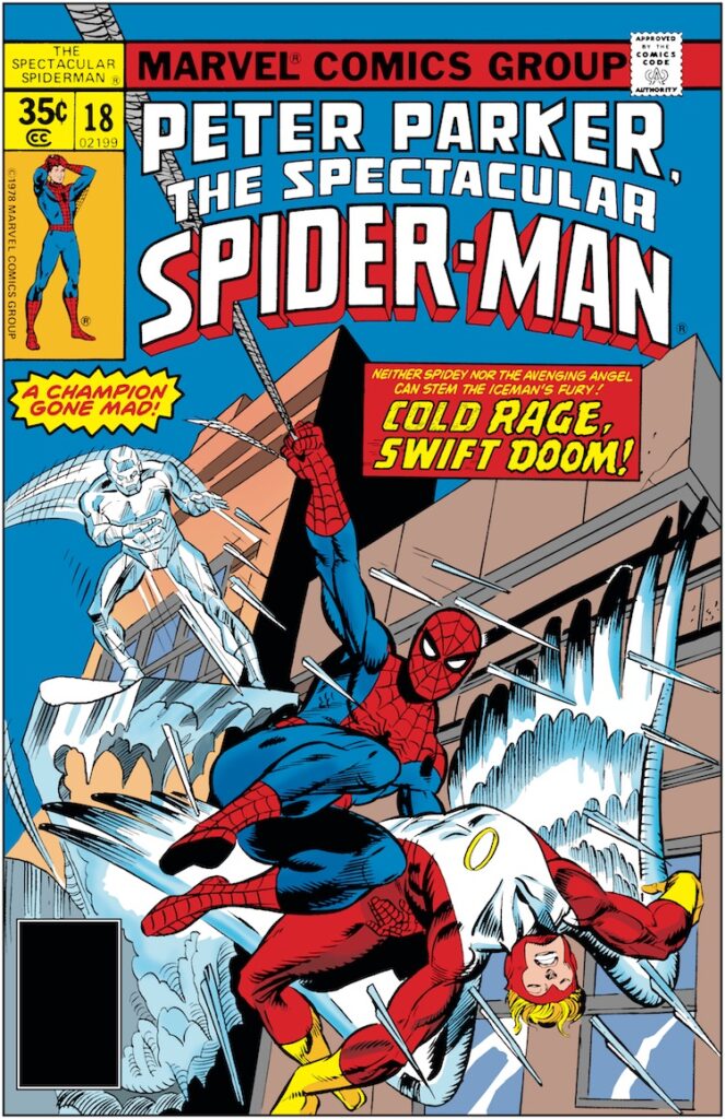 Spectacular Spider-Man #18 cover; pencils, Gil Kane; inks, Mike Esposito; Angel, Iceman
