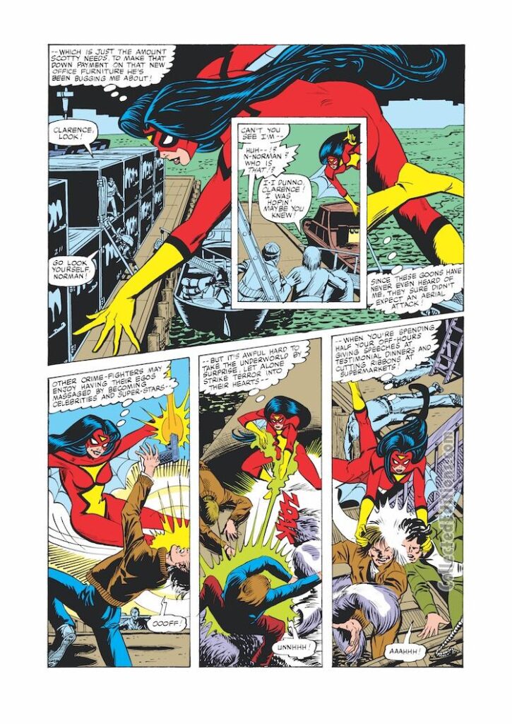 Spider-Woman #26, pg. 2; pencils, Steve Leialoha; inks, Mike Esposito; Clarence Desmond, Norman Desmond