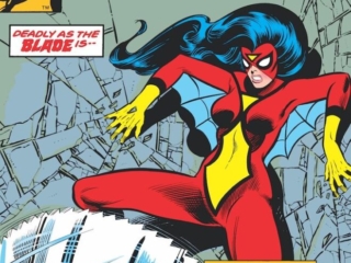 Spider-Woman #26 cover; pencils, John Byrne; inks, Joe Sinnott; Deadly as the Blade Is, This Man Is Even Deadlier, Rupert Dockery