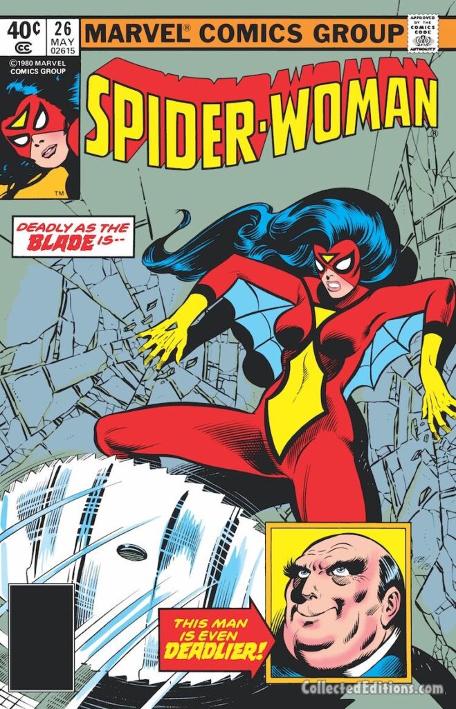 Spider-Woman #26 cover; pencils, John Byrne; inks, Joe Sinnott; Deadly as the Blade Is, This Man Is Even Deadlier, Rupert Dockery