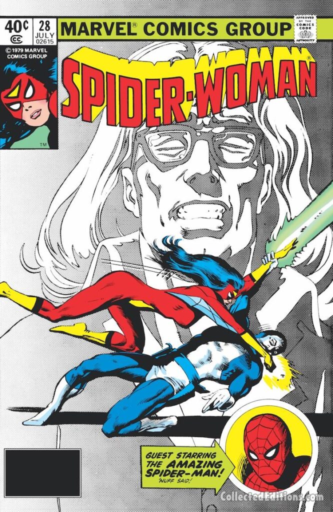 Spider-Woman #28 cover; pencils, Bill Sienkiewicz; inks, Joe Rubinstein; Guest-Starring the Amazing Spider-Man, Scotty McDowell, The Enforcer