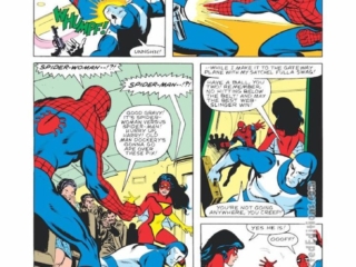 Spider-Woman #29, pg. 8; layouts, Ernie Chan; pencils and inks, Frank Springer; The Enforcer, Spider-Man