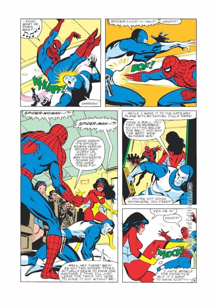 Spider-Woman #29, pg. 8; layouts, Ernie Chan; pencils and inks, Frank Springer; The Enforcer, Spider-Man