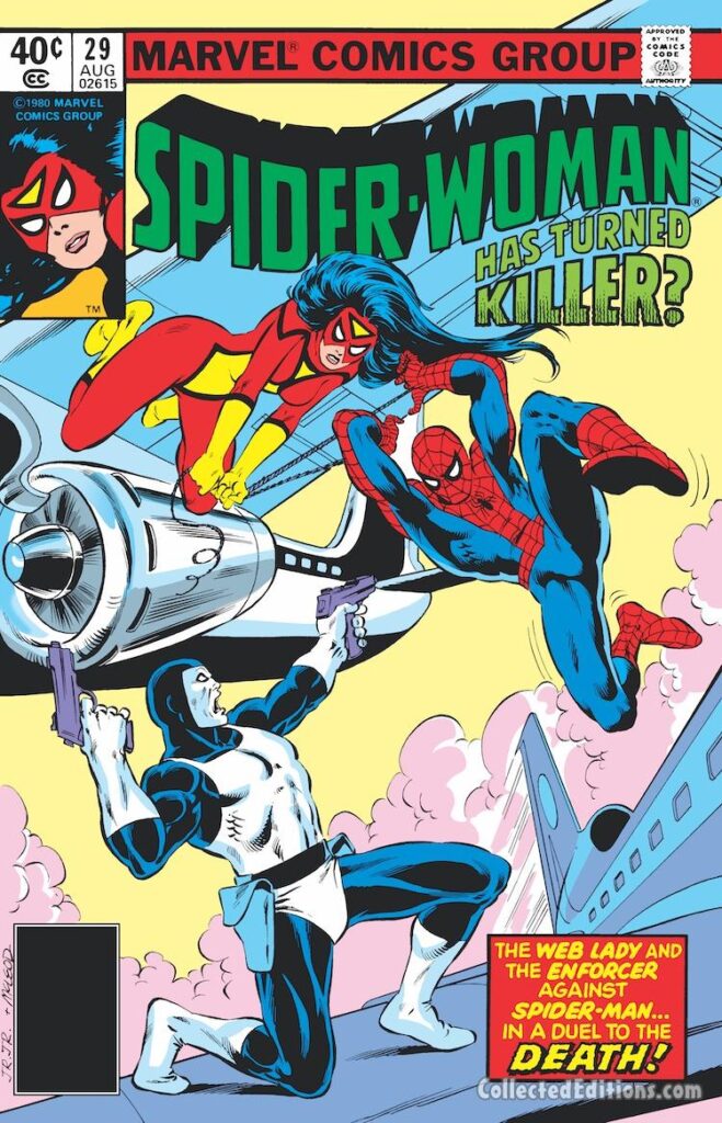 Spider-Woman #29 cover; pencils, John Romita Jr.; inks, Bob McLeod; Jessica Drew Has Turned Killer, The Enforcer, Spider-Man