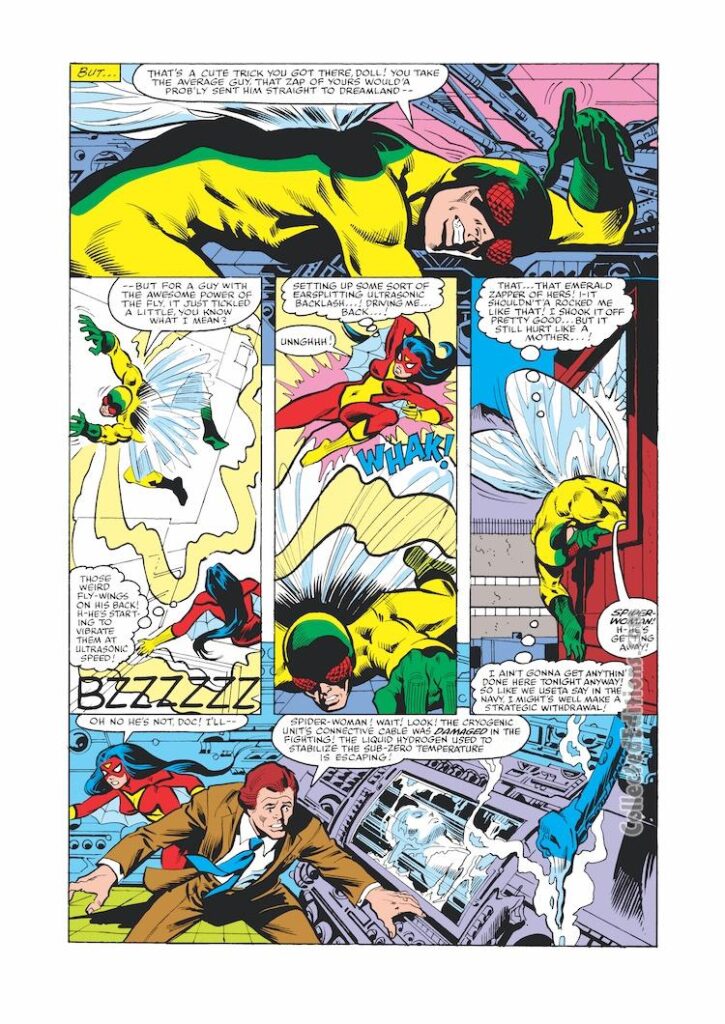 Spider-Woman #30, pg. 3; layouts, Steve Leialoha; pencils and inks, Jim Mooney; The Fly, Dr. Pederson
