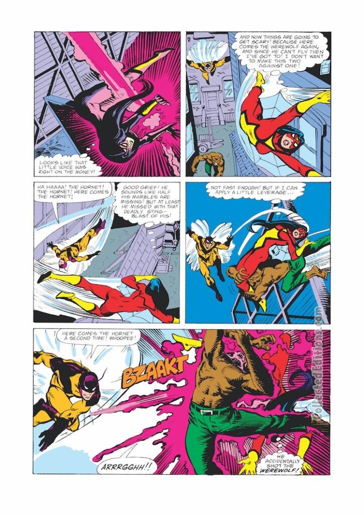Spider-Woman #32, pg. 8; pencils, Steve Leialoha; inks, Jim Mooney; The Hornet, Scotty McDowell, Werewolf by Night