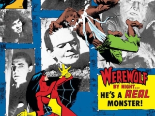 Spider-Woman #32 cover; pencils, Frank Miller; inks, Klaus Janson; Werewolf by Night He's A Real Monster, Universal Monsters, Bela Lugosi, Dracula, Boris Karloff, Frankenstein, Lon Chaney, Wolfman; Phantom of the Opera, Hunchback of Notre Dame