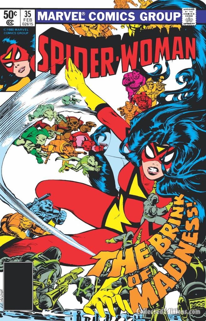 Spider-Woman #35 cover; pencils and inks, Steve Leialoha; The Brink of Madness, New Men