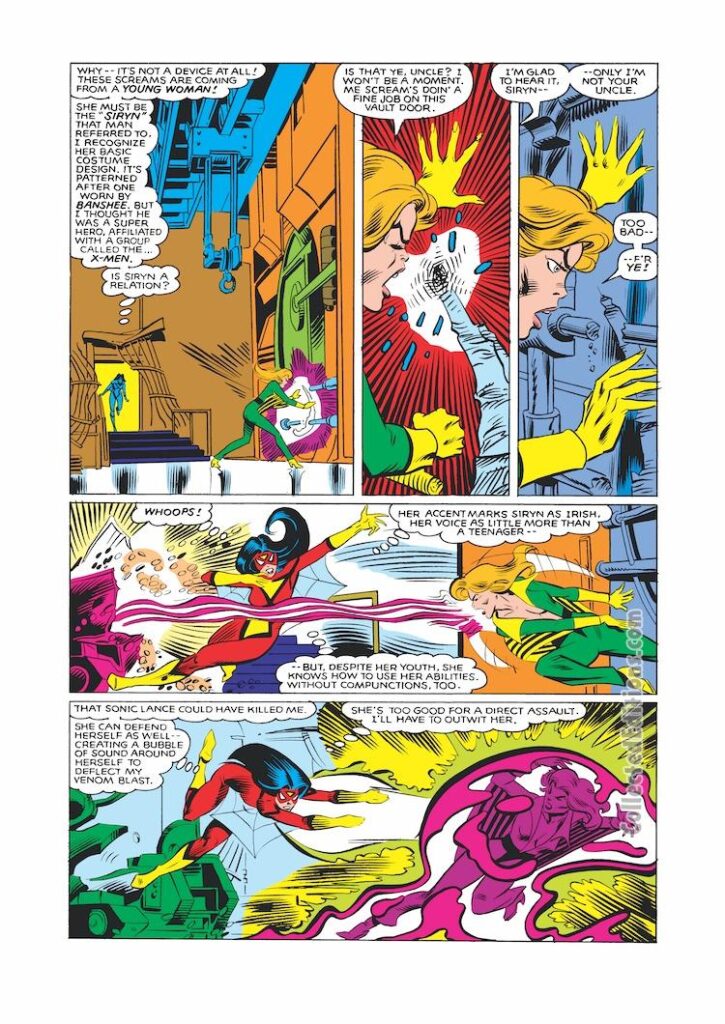 Spider-Woman #37, pg. 18; layouts, Steve Leialoha; pencils and inks, uncredited; Siryn, first appearance, Theresa Cassidy, Chris Claremont