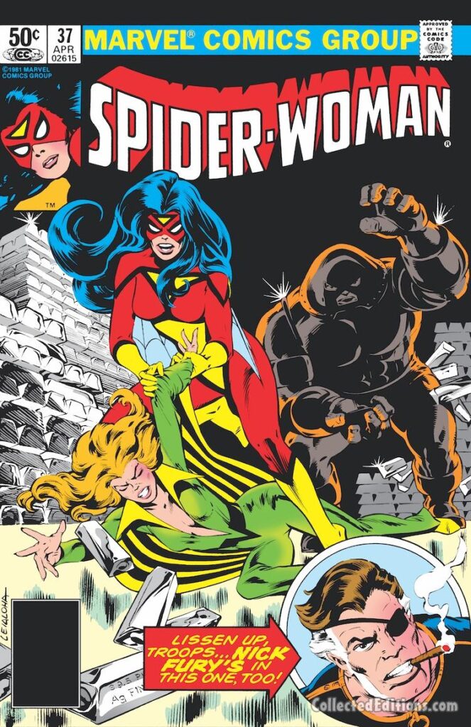Spider-Woman #37 cover; pencils and inks, Steve Leialoha; Juggernaut, Siryn, Theresa Cassidy, first appearance, Lissen Up Troops, Nick Fury's In This One, Too