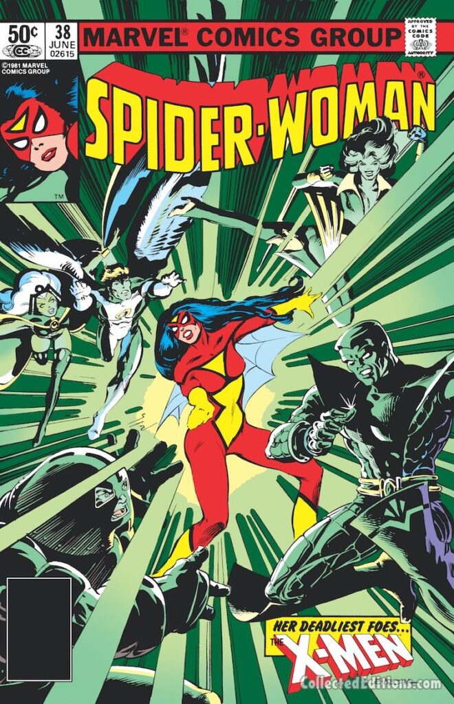 Spider-Woman #38 cover; pencils and inks, Steve Leialoha; Her Deadliest Foes, The X-Men, Juggernaut, Storm, Angel, Siryn, Theresa Cassidy, Colossus, Chris Claremont