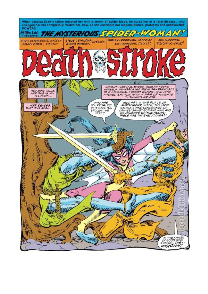 Spider-Woman #39, pg. 1; layouts, Steve Leialoha; pencils and inks, Bob Wiacek; Chris Claremont, writer, Death Stroke, splash page, Jessica Drew
