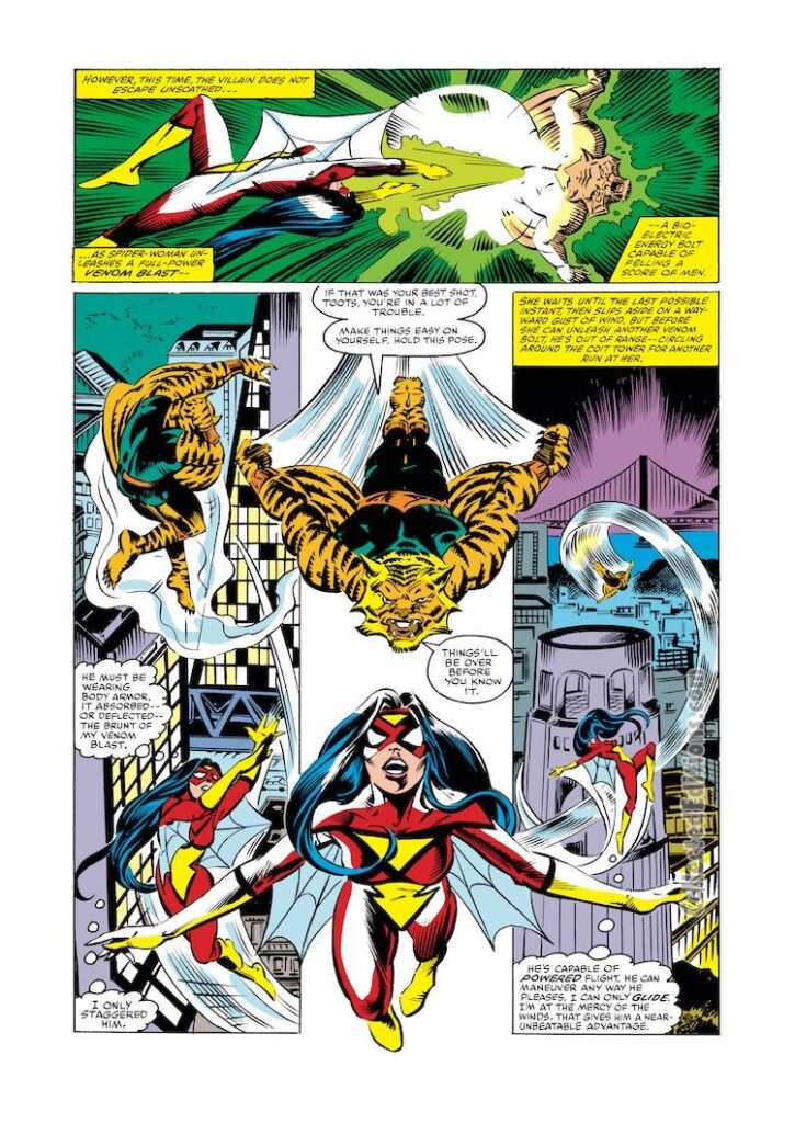 Spider-Woman #40, pg. 4; layouts, Steve Leialoha; pencils and inks, Bob Wiacek; Jessica Drew, Flying Tiger, first appearance