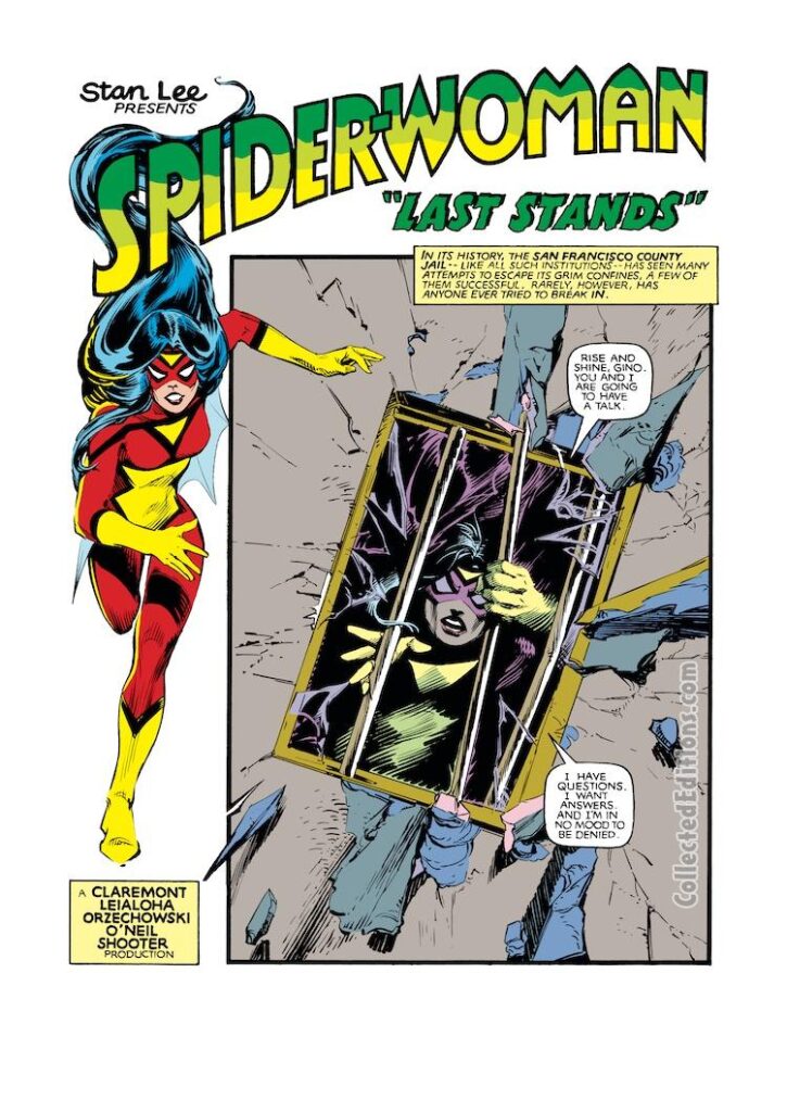 Spider-Woman #43, pg. 1; pencils and inks, Steve Leialoha; Stan Lee Presents, Chris Claremont, Last Stands