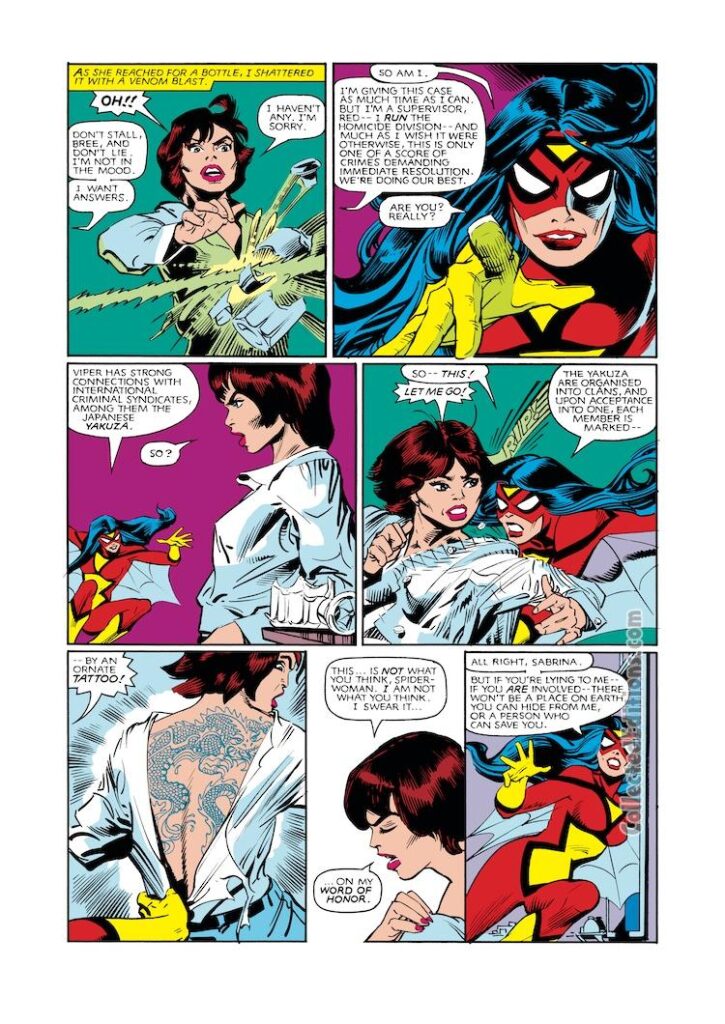 Spider-Woman #44, pg. 3; pencils and inks, Steve Leialoha; Sabrina Morrel, Viper, Jessica Drew