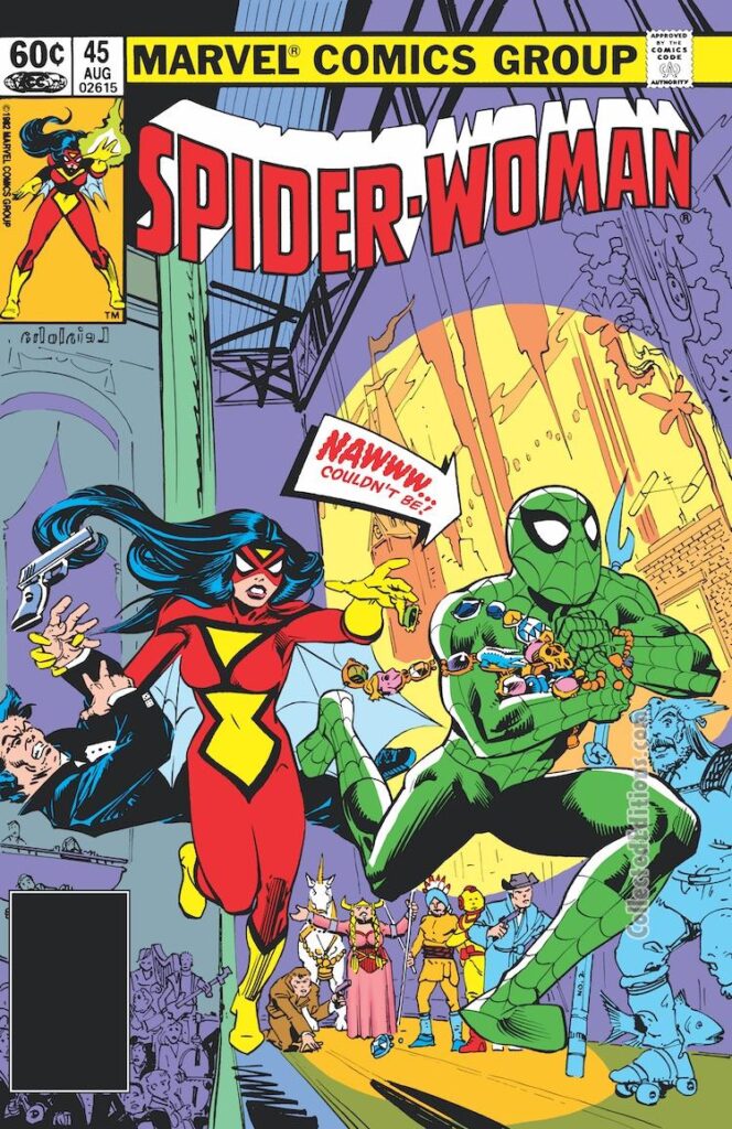 Spider-Woman #45 cover; pencils and inks, Steve Leialoha; Spider-Man, Impossible Man, Nawww…couldn’t be