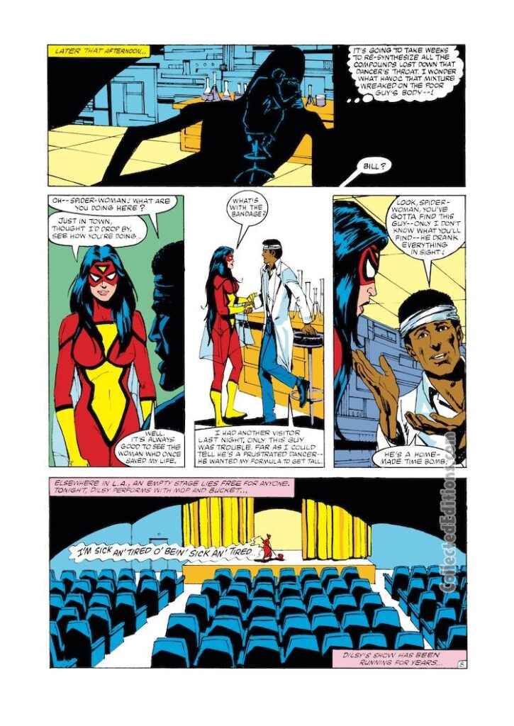 Spider-Woman #47, pg. 8; pencils, Brian Postman; inks, Carl Potts; Bill Foster/Giant-Man, Jessica Drew, Dilsy