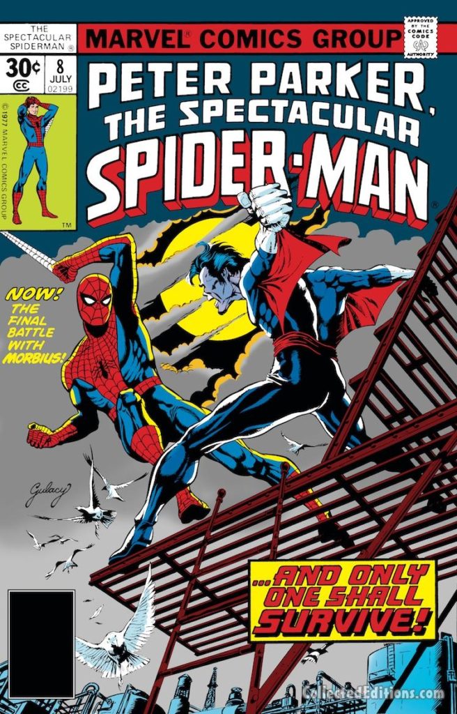 Peter Parker the Spectacular Spider-Man #8 cover; pencils and inks, Paul Gulacy; alterations, John Romita Sr.; Morbius the Living Vampire