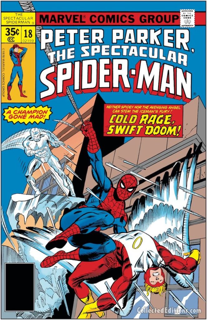 Peter Parker the Spectacular Spider-Man #18 cover; pencils, Gil Kane; inks, Mike Esposito; Angel/Iceman