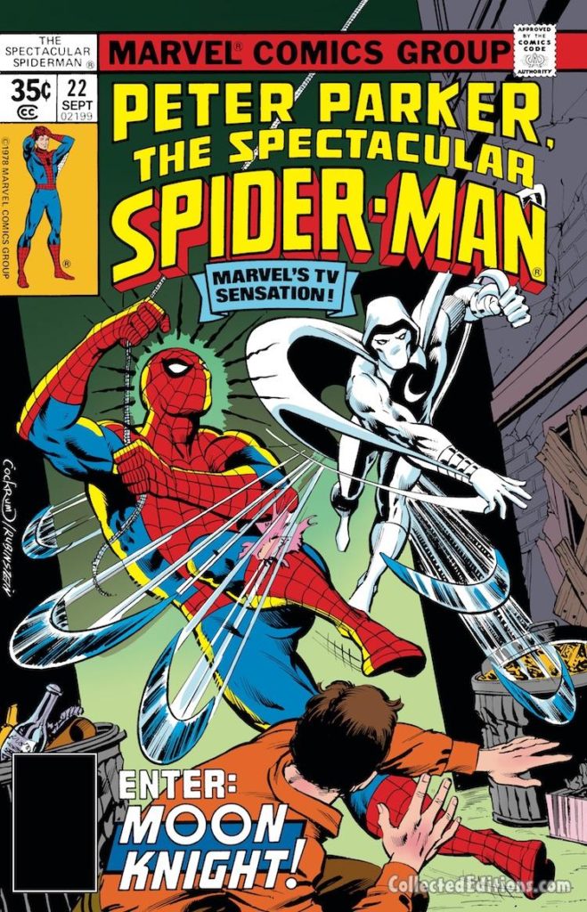 Peter Parker the Spectacular Spider-Man #22 cover; pencils, Dave Cockrum; inks, Joe Rubinstein; Moon Knight