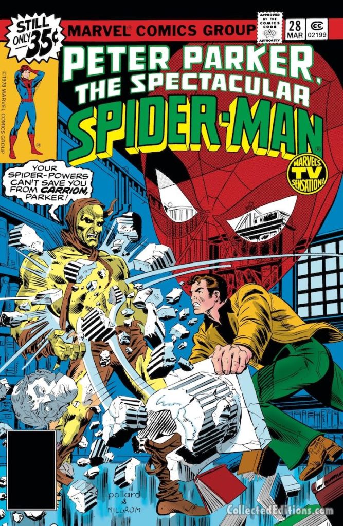 Peter Parker the Spectacular Spider-Man #28 cover; pencils, Keith Pollard; inks, Al Milgrom; Carrion