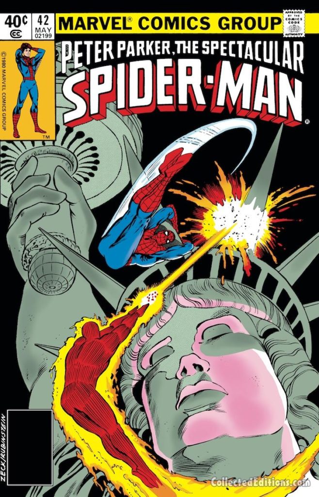 Spectacular Spider-Man #42 cover; pencils, Mike Zeck; Statue of Liberty/Human Torch