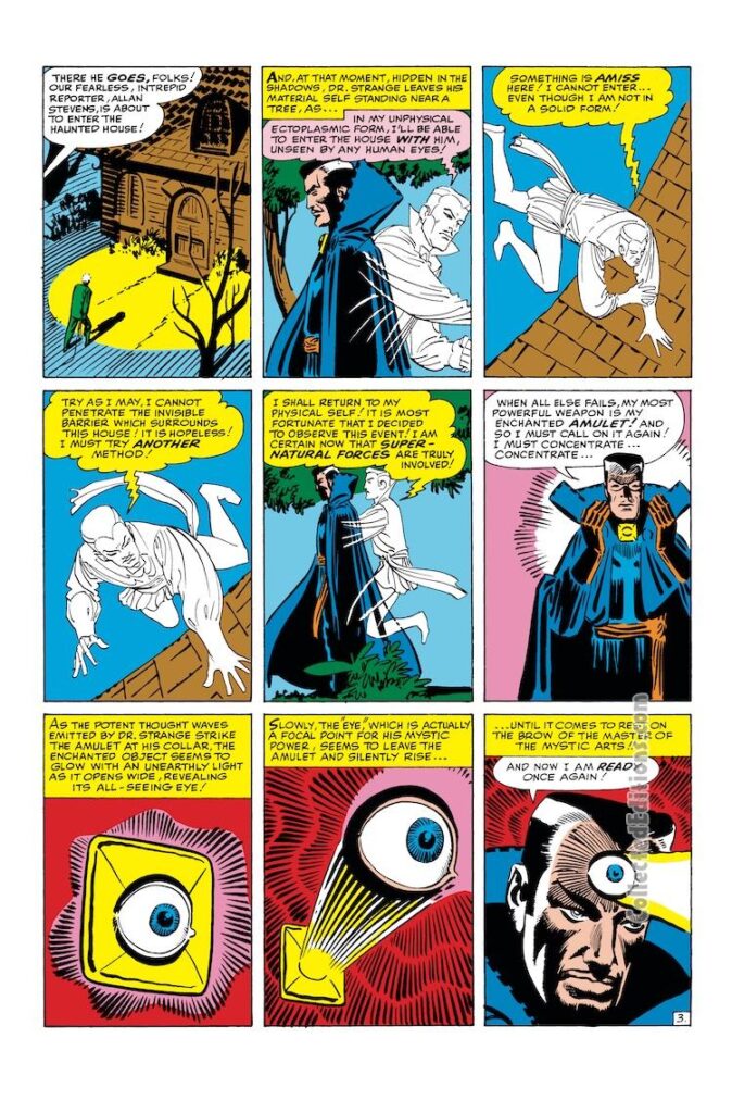 Strange Tales. Doctor Strange in “The House of Shadows!”, pg. 3; pencils and inks, Steve Ditko; astral form, Eye of Agamotto