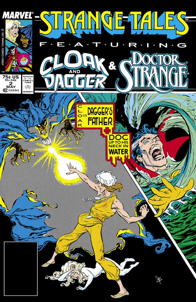 Strange Tales #2 cover; pencils and inks, Bret Blevins, Cloak and Dagger, Doctor Strange, Cloak vs. Dagger’s Father, Doc Up To His Neck in Water