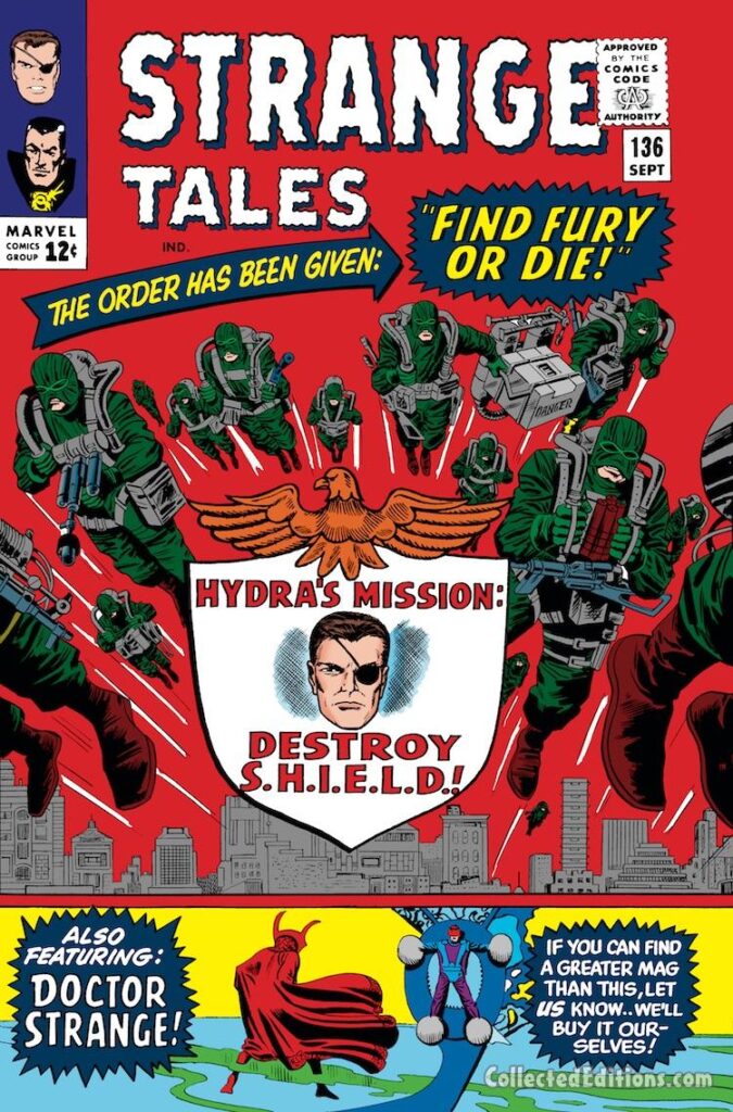 Strange Tales #136 cover; pencils, Jack Kirby; inks, Mike Esposito; inset, Steve Ditko; Nick Fury Agent of SHIELD, Hydra