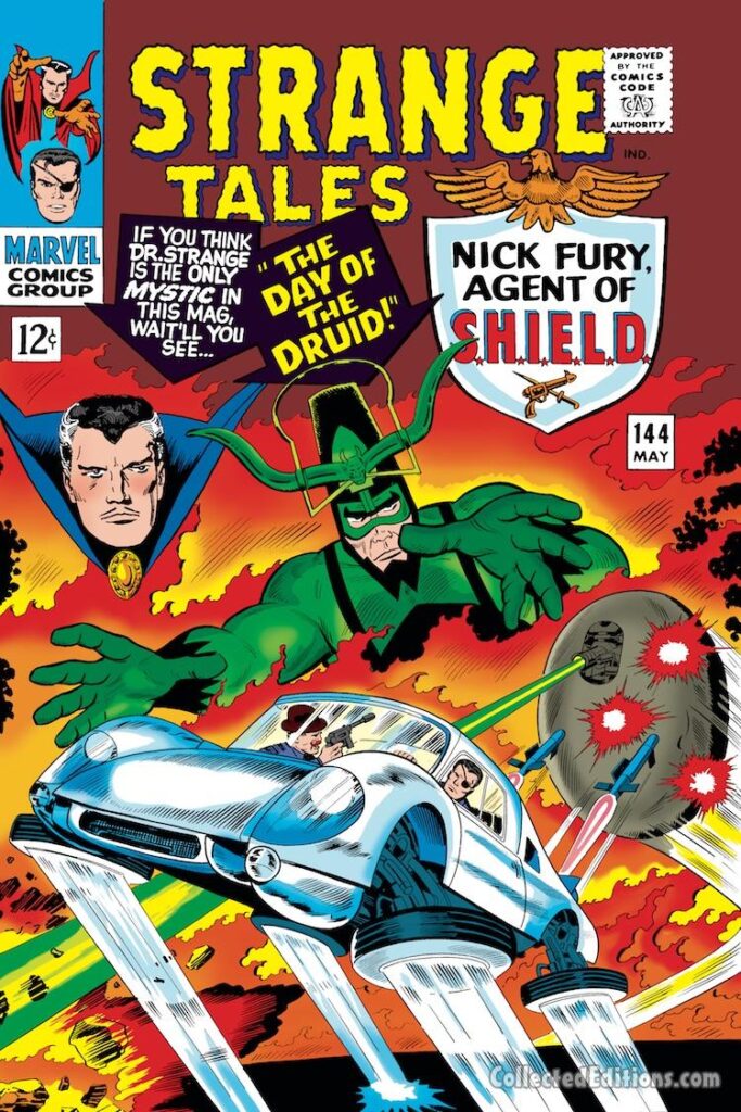 Strange Tales #144 cover; pencils, Jack Kirby; inks, Mike Esposito, Nick Fury, Agent of SHIELD, flying car, Dum Dum Dugan