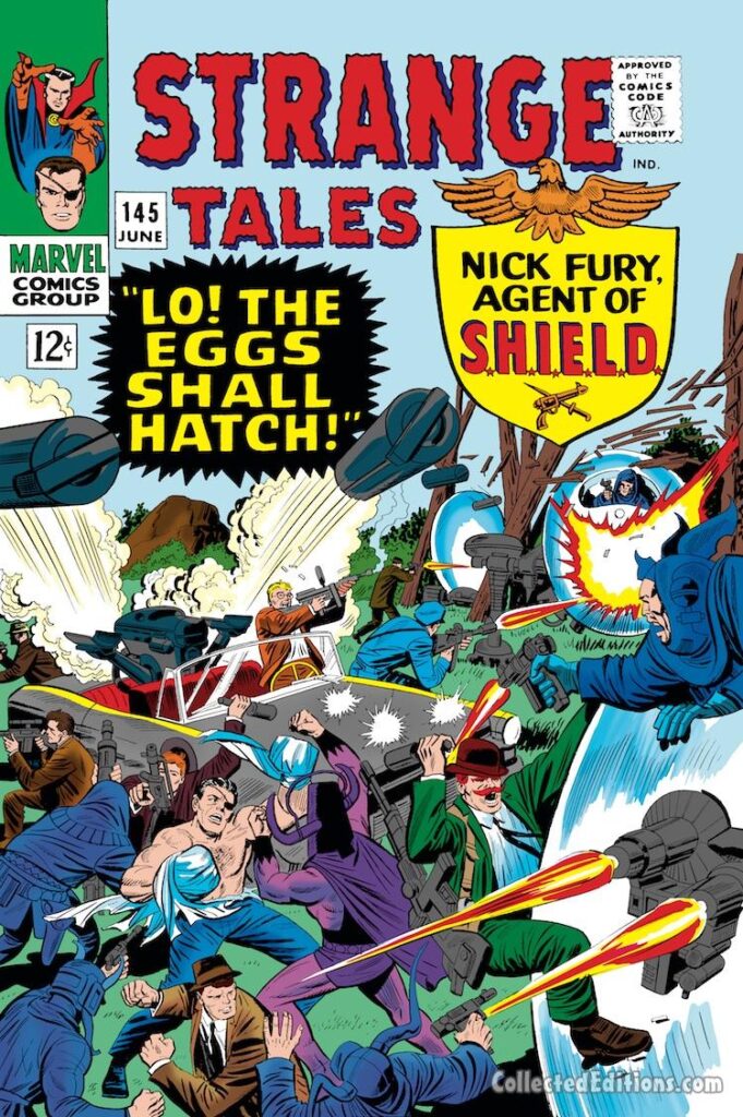 Strange Tales #145 cover; pencils, Jack Kirby; inks, Mike Esposito; Lo The Eggs Shall Hatch, Nick Fury, Agent of SHIELD, Dum Dum Dugan, Jasper Sitwell