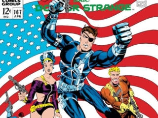 Strange Tales #167 cover; pencils and inks, Jim Steranko; Nick Fury, Agent of SHIELD, S.H.I.E.L.D., Jasper Sitwell, Dum Dum Dugan, Val [Contessa Valentina Allegro de Fontaine, Gabe Jones; Nick Fury; The Gaff [Sidney E. Levine]; Clay Quartermain