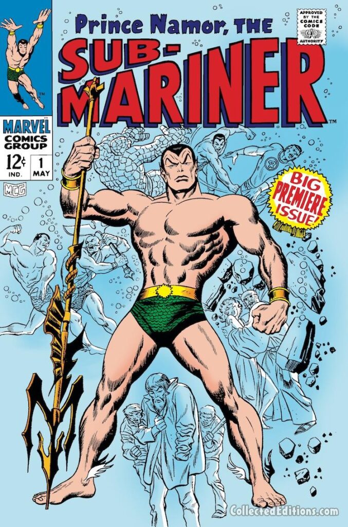 Sub-Mariner #1 cover; pencils, John Buscema; inks, Sol Brodsky; Big premiere issue, first issue, Origin