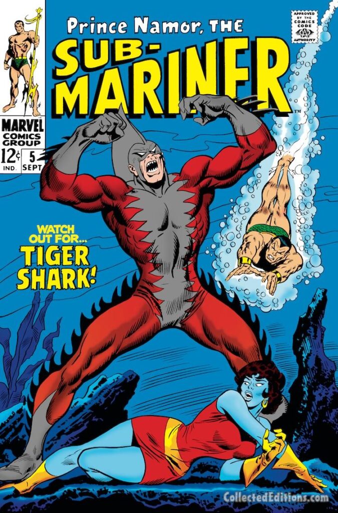 Sub-Mariner #5 cover; pencils, John Buscema; inks, Frank Giacoia; Watch Out for Tiger Shark, Lady Dorma