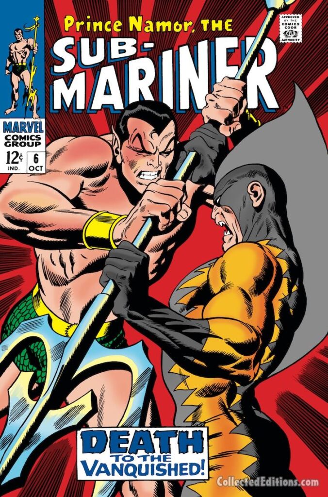 Sub-Mariner #6 cover; pencils, John Buscema; inks, Dan Adkins; Tiger Shark, Death to the Vanquished, Silver Age Marvel