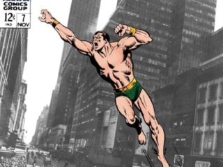 Sub-Mariner #7 cover; pencils, John Buscema; inks, Dan Adkins; Prince Namor, New York City, Manhattan, photo reference cover