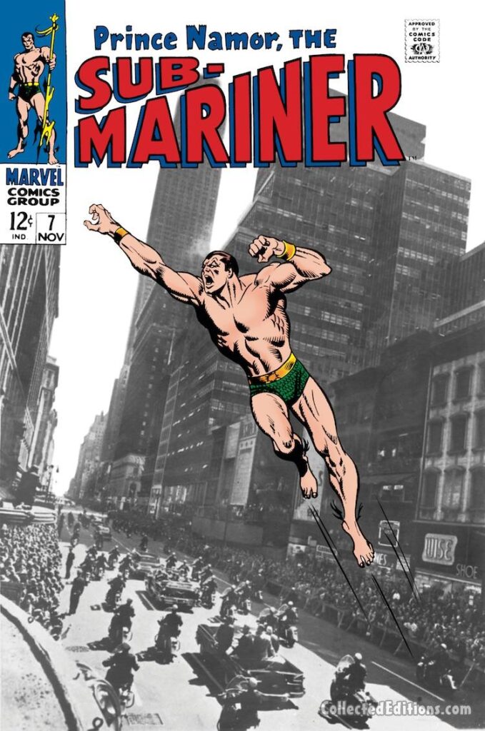 Sub-Mariner #7 cover; pencils, John Buscema; inks, Dan Adkins; Prince Namor, New York City, Manhattan, photo reference cover