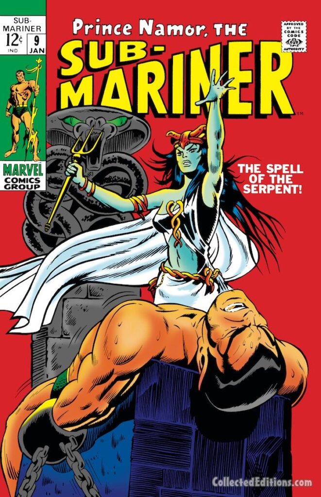 Sub-Mariner #9 cover; pencils, Herb Trimpe; inks, Dan Adkins; alterations, John Romita Sr.; Lady Dorma; The Serpent Crown, The Spell of the Serpent